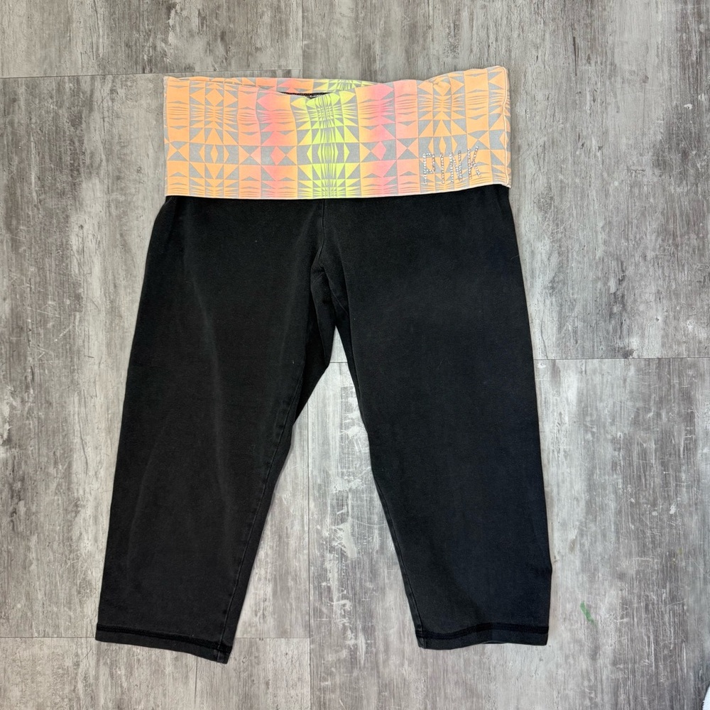 Victoria's Secret PINK Black Leggings with Geometric Fold Over Waistband Sz Med